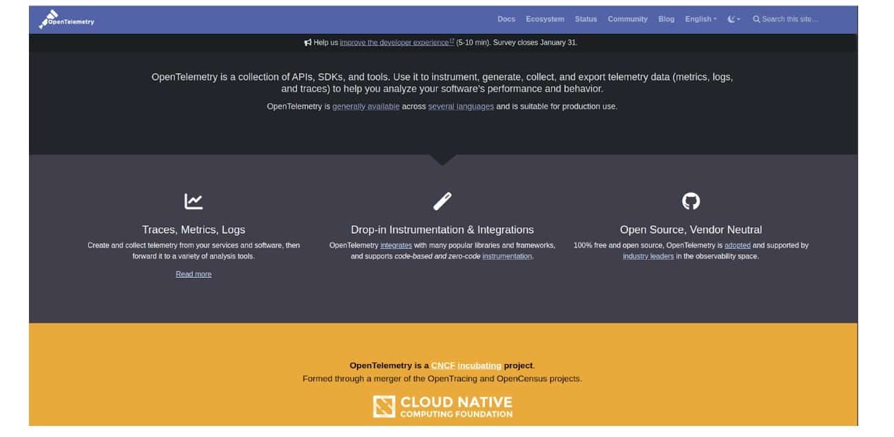 Screenshot showing OpenTelemetry page